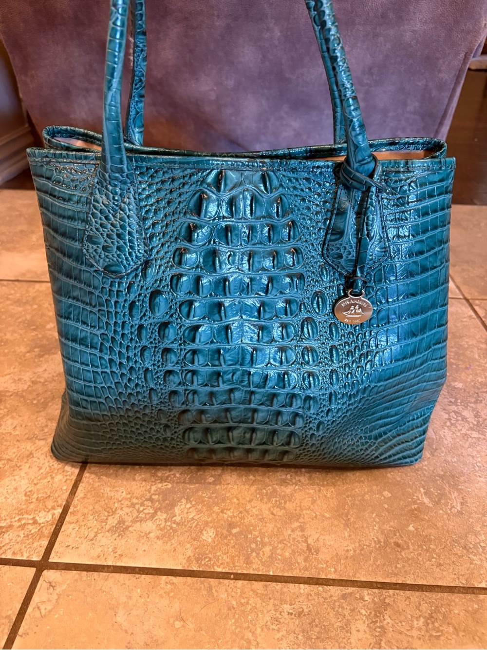 Brahmin Melbourne collection Blue Green Croc-Embossed Leather Tote
